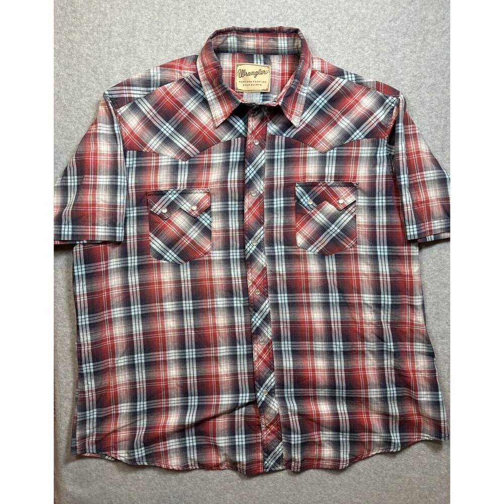 Wrangler Western Shirt 2XL Pearl Snap Red‎ Blue White Plaid Sawtooth Windowpane